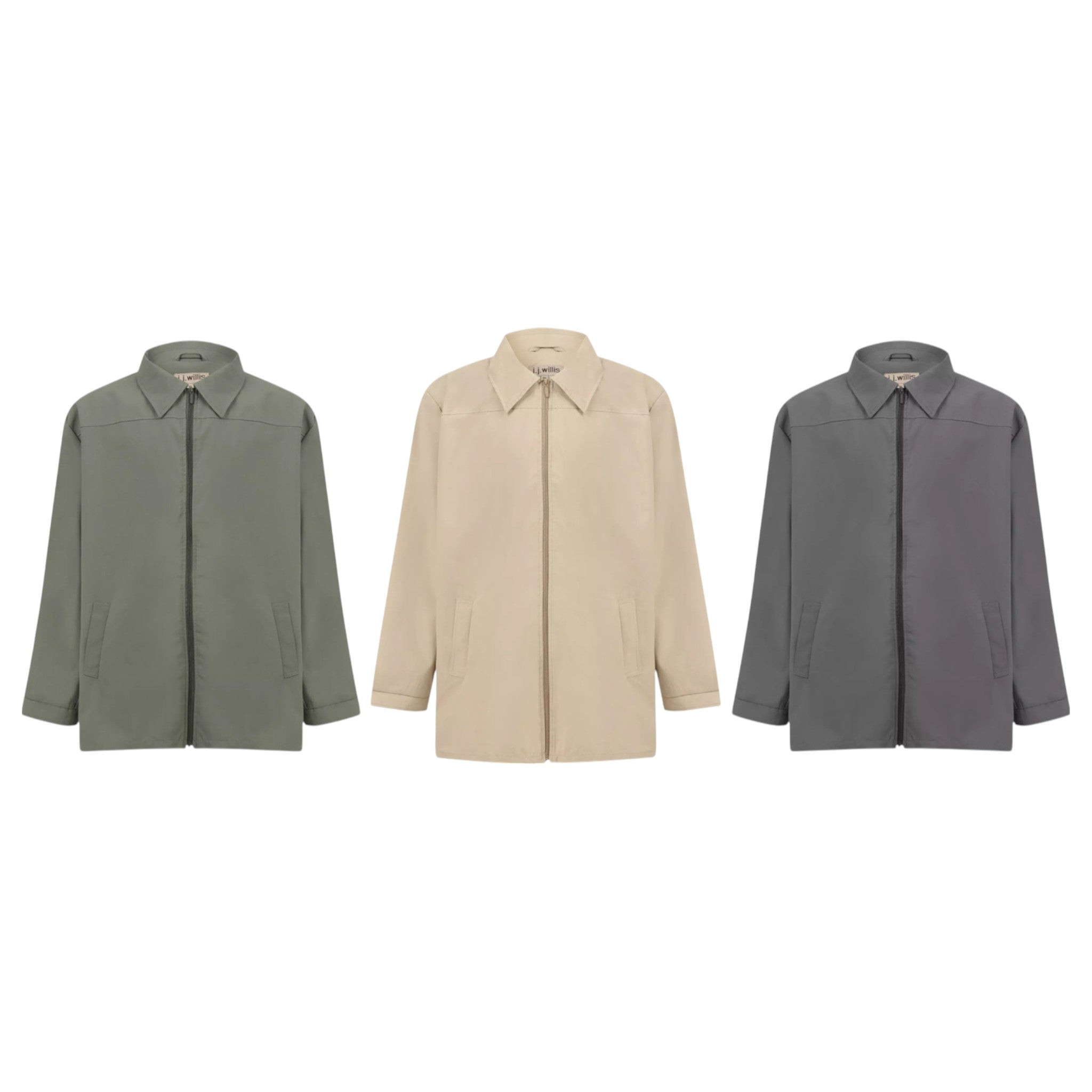 Men's plus size lightweight jackets in green, beige, and grey with zip front – ideal for spring and autumn